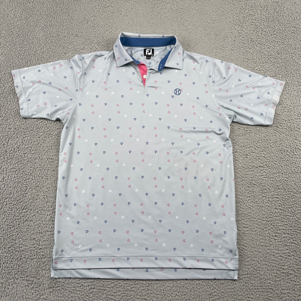 FootJoy Golf Polo Mens L Blue Seashell Print Performance The Hills CC Austin TX